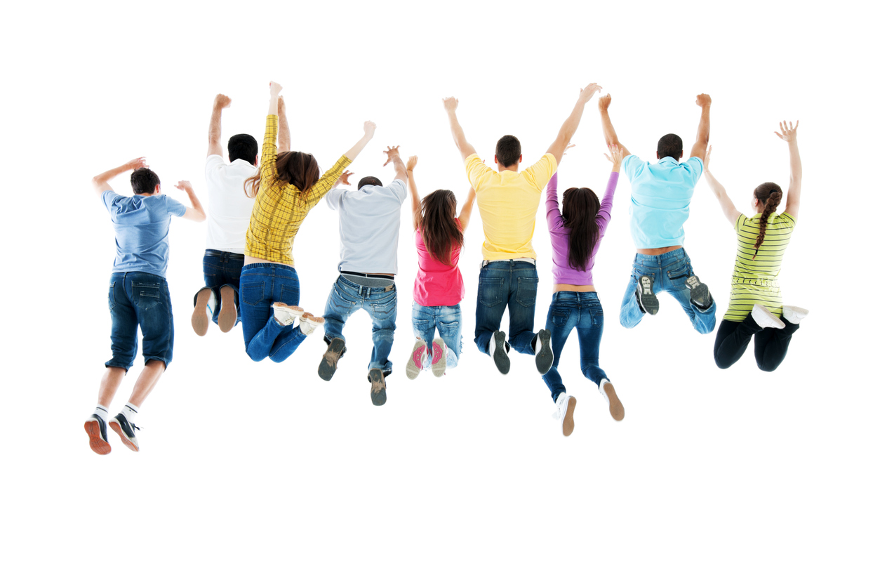 Rear view of a cheerful group of friends jumping with their hands up. They are isolated on white.