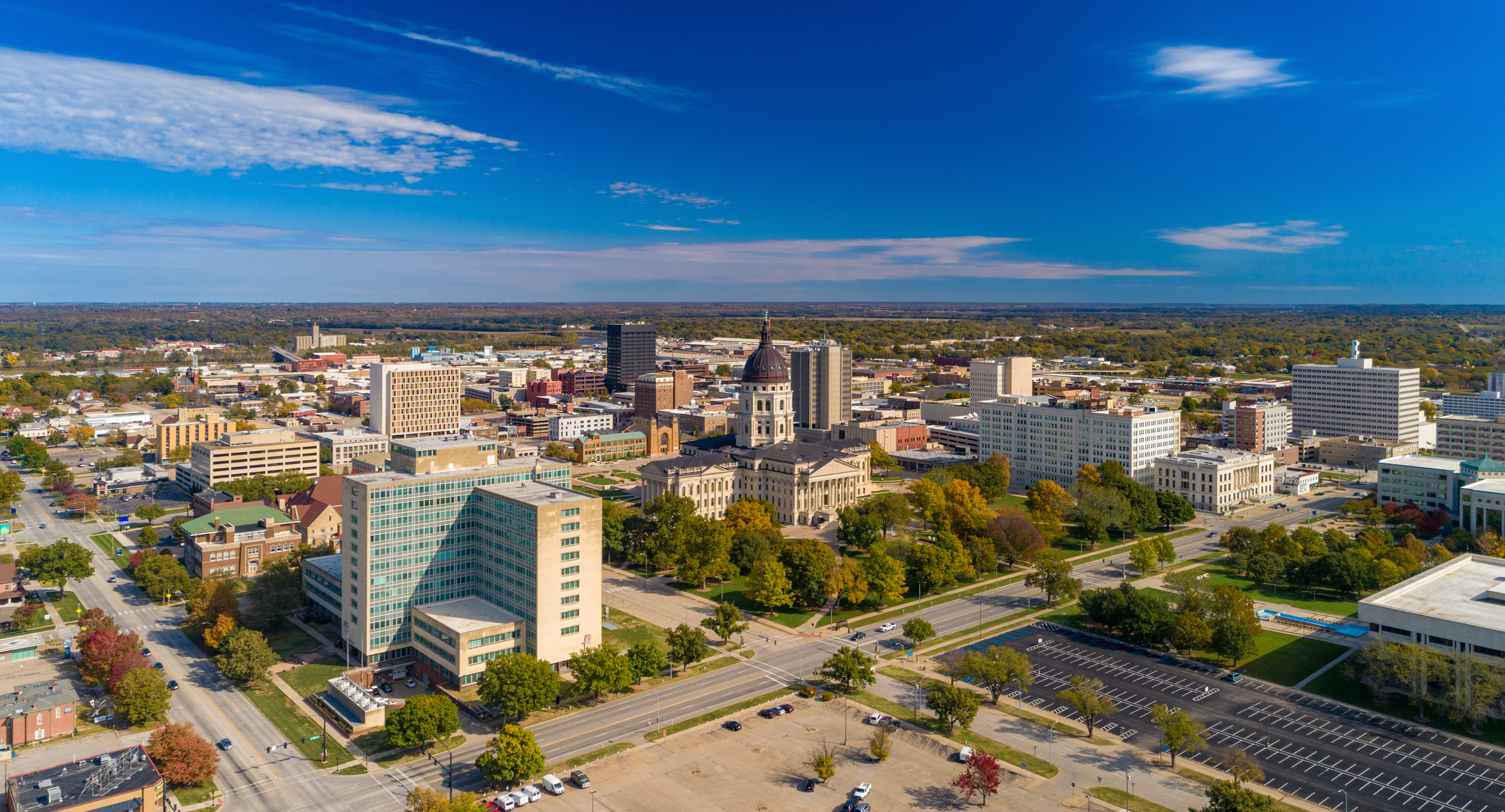 Topeka Aerial Skyline View With State Capitol Building