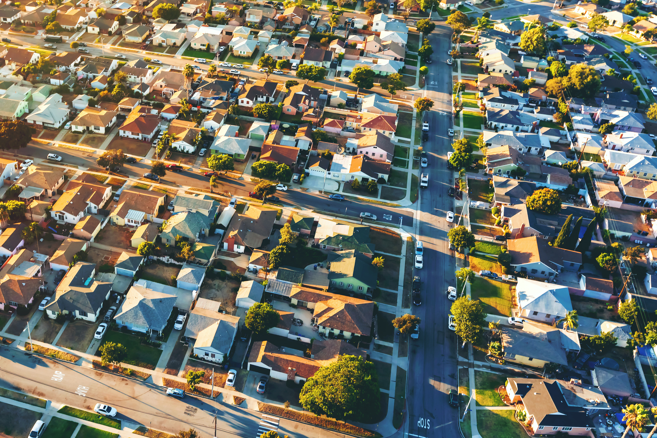 Aerial view of a residential neighborhood in Hawthorne, in Los Angeles, CA