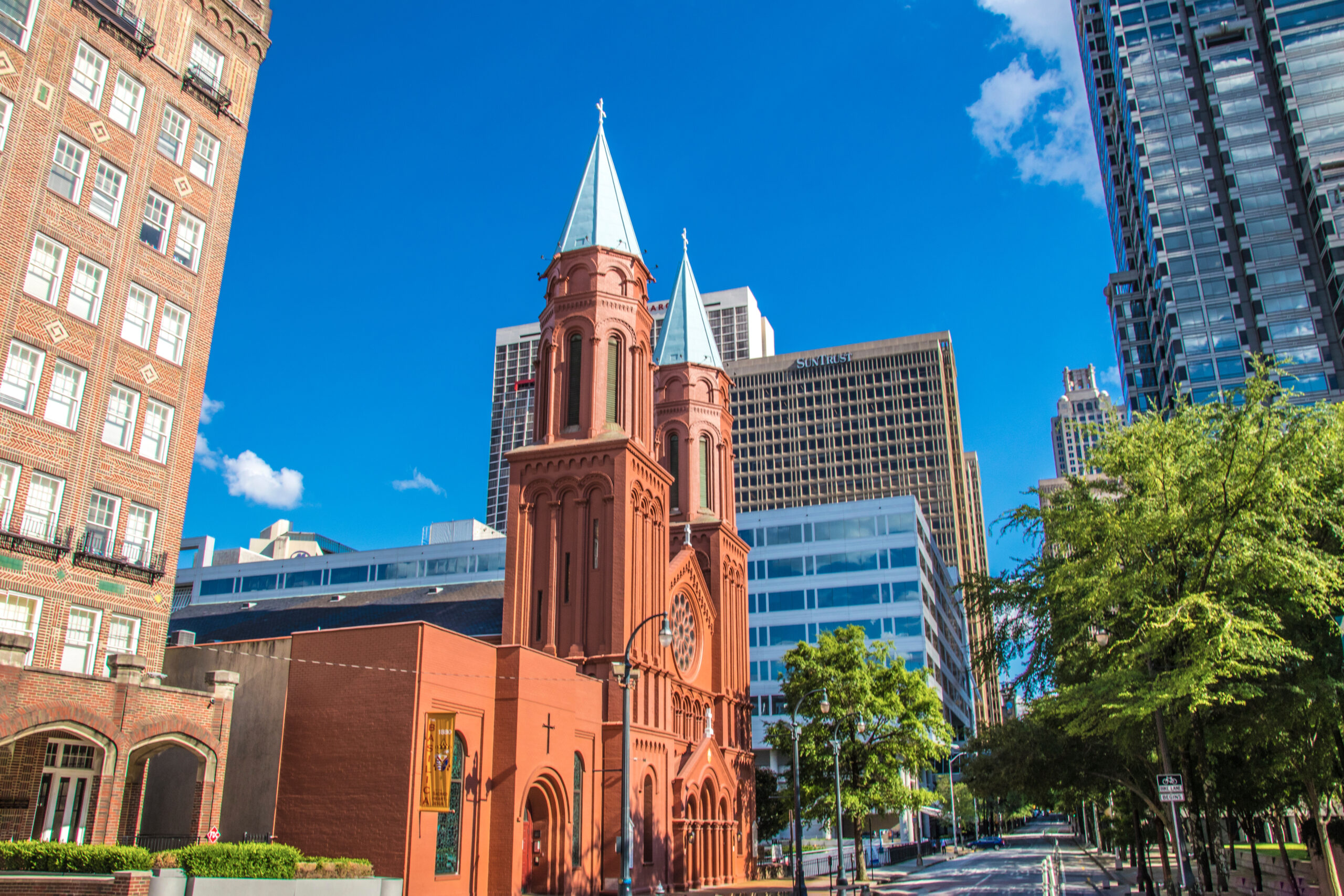 Atlanta, Ga USA - 05 30 20: Downtown Atlanta Georgia post George floyd riots A beautiful castle style church