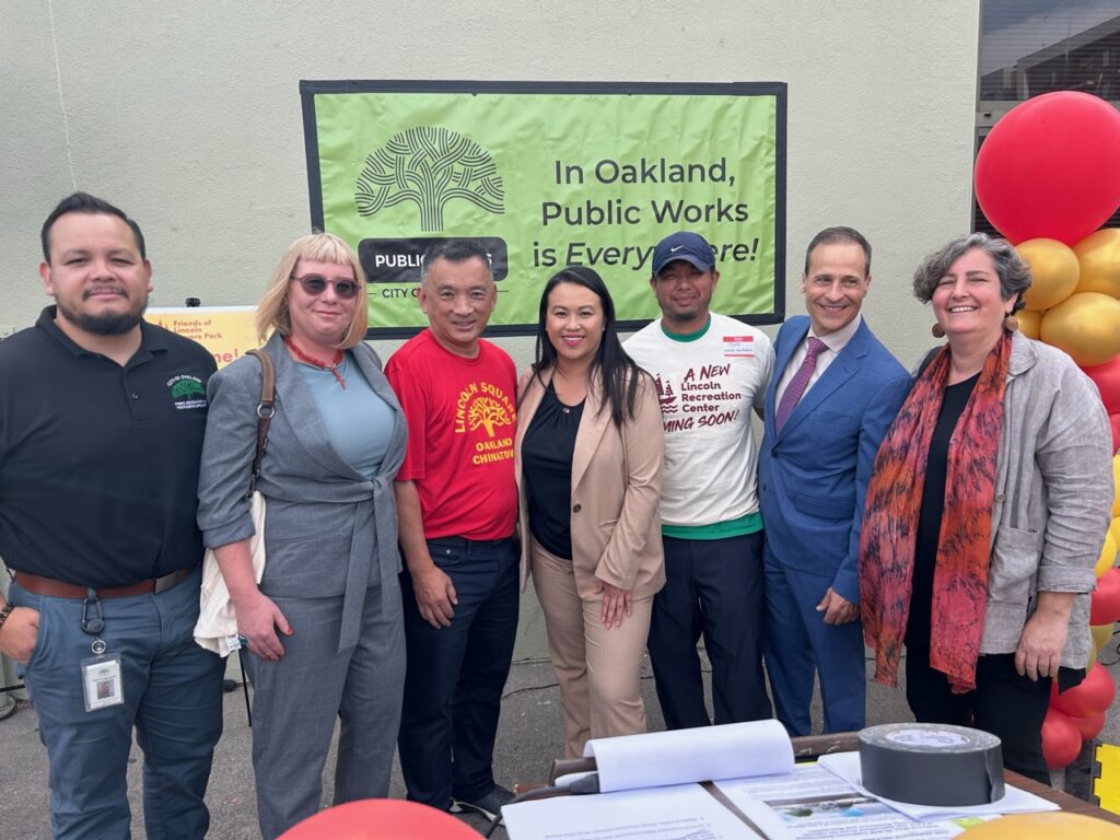 FUSE Executive Fellow Veronika Cole with Mayor Sheng Thao, Deputy City Administrator Joe Devries, Lincoln Neighborhood Center Director Gilbert Gong and other staff from Oakland Recreation, Parks and Youth Development.