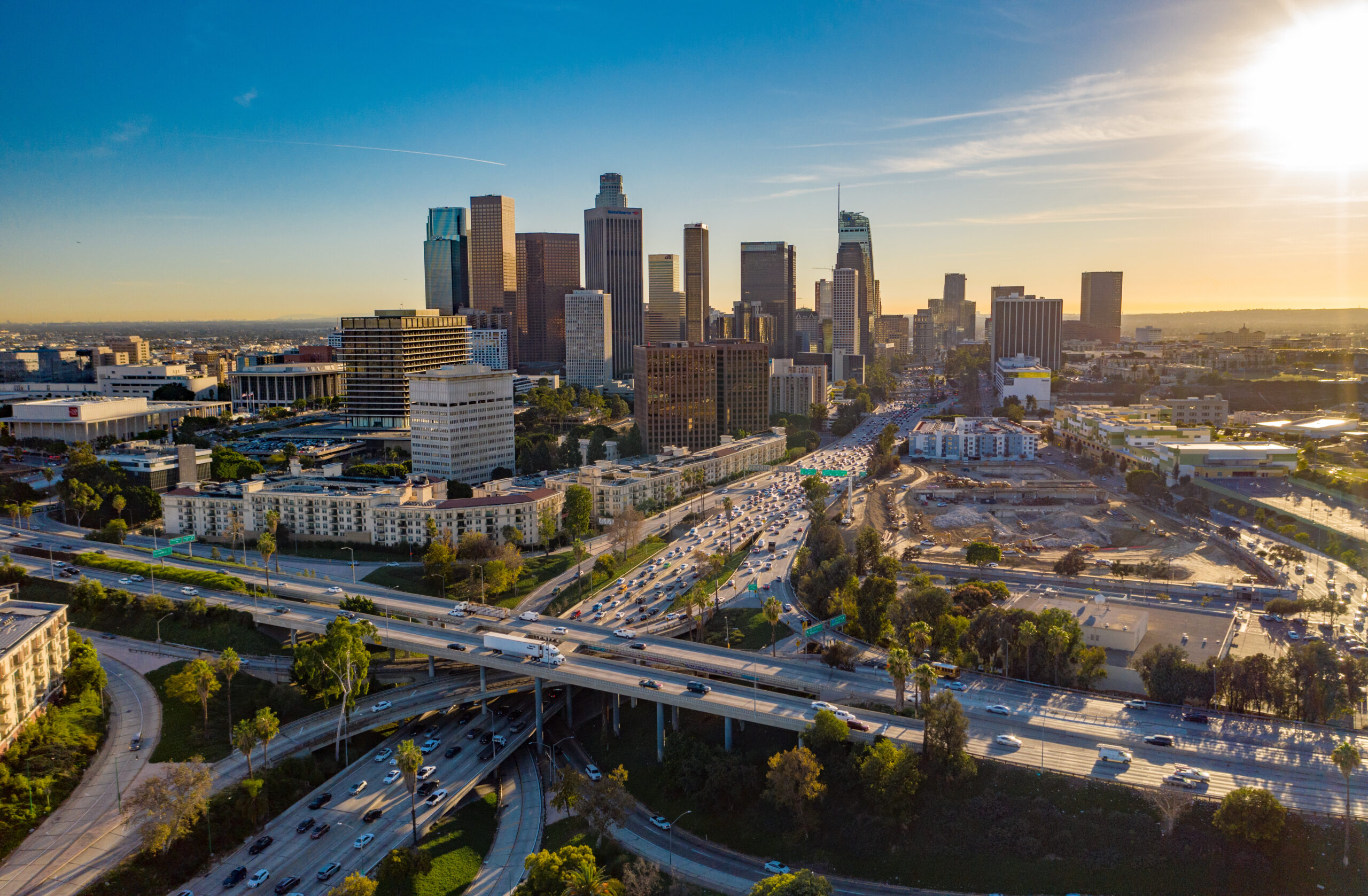 Drone view of downtown Los Angeles or LA skyline with skyscraper