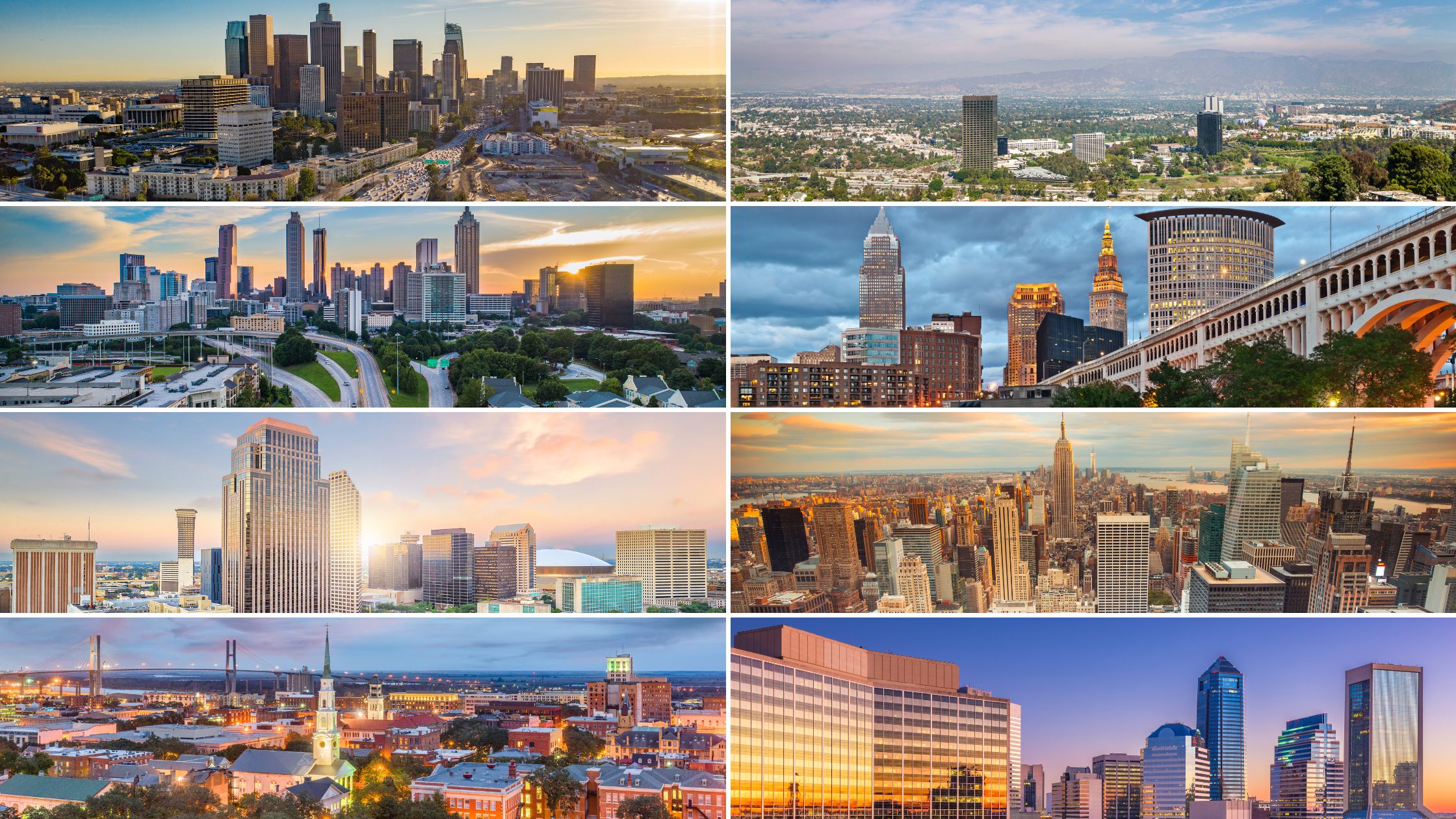 Cityscapes of Los Angeles, Los Angeles County, Savannah, New Orleans, New York City, Atlanta, Cleveland, and Jacksonville.